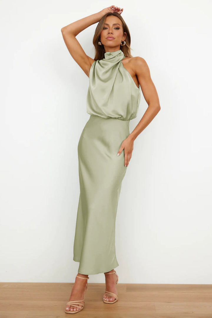 Carolina | Satin Long Dress with Halter Neck