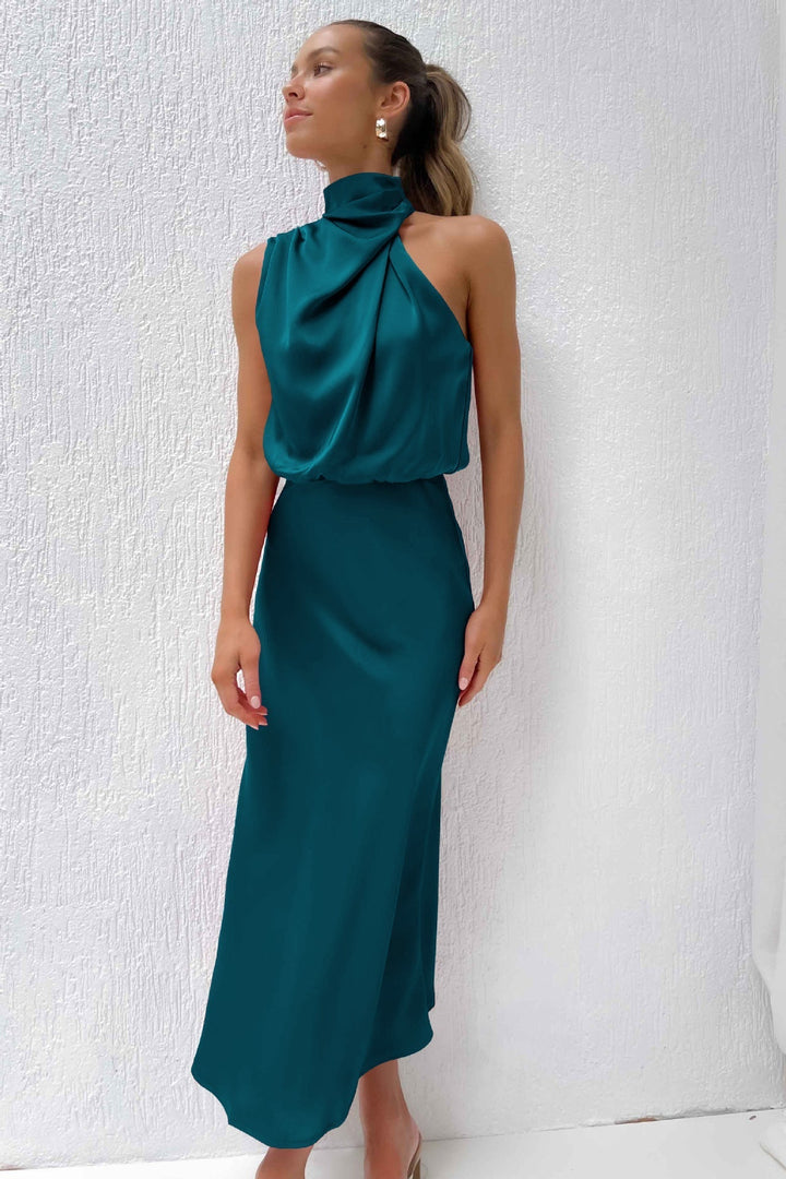 Carolina | Satin Long Dress with Halter Neck