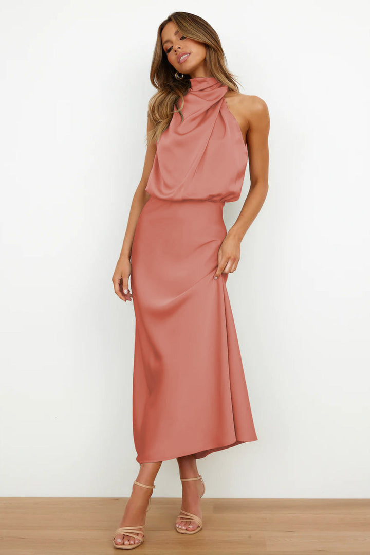 Carolina | Satin Long Dress with Halter Neck