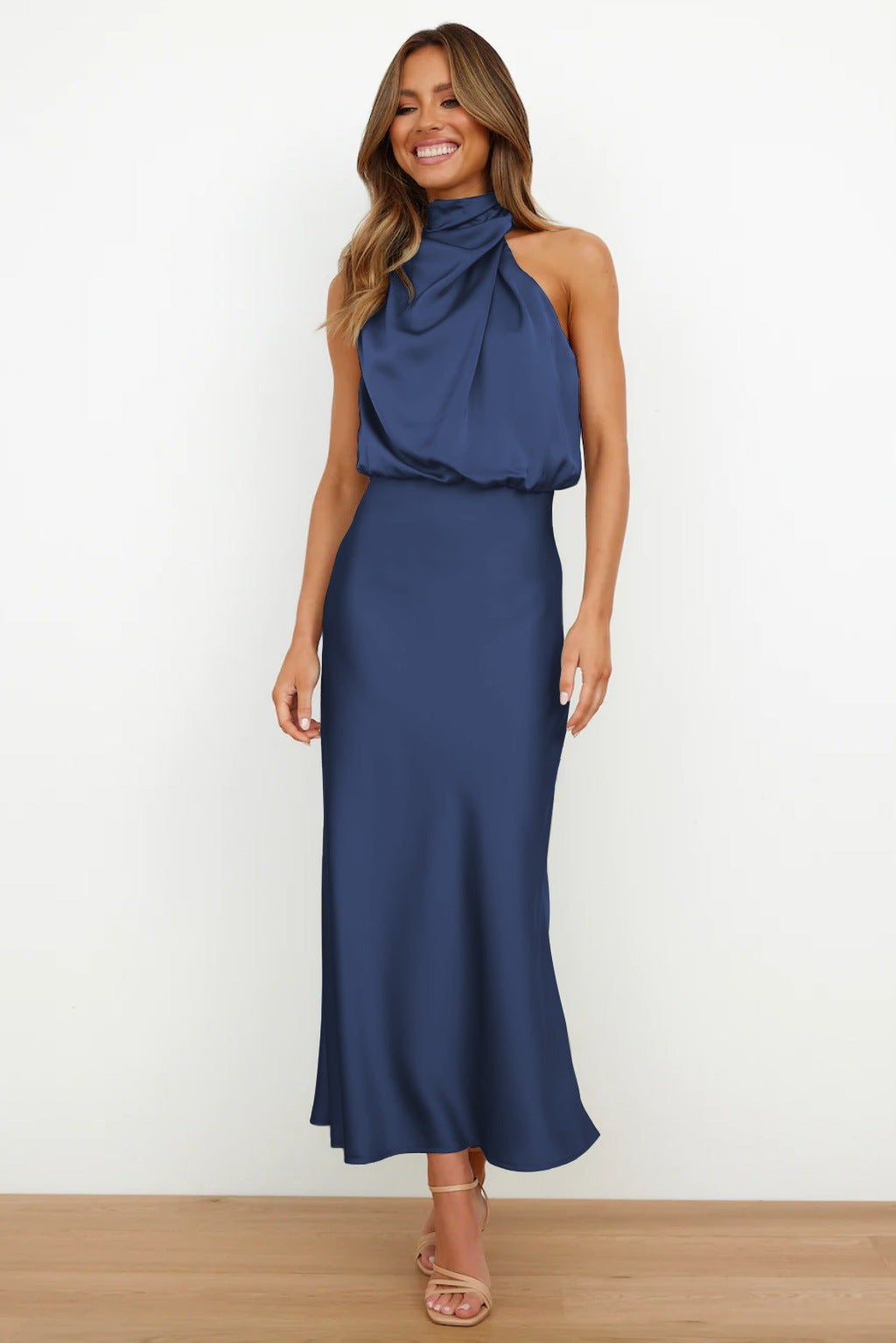 Carolina | Satin Long Dress with Halter Neck