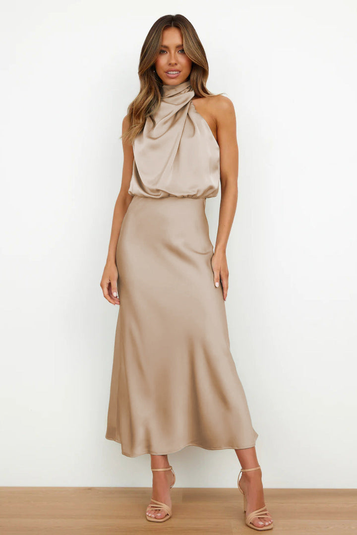 Carolina | Satin Long Dress with Halter Neck